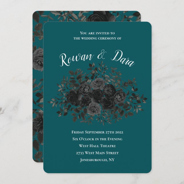 Black Teal Rose Gothic Elegant Wedding Invitation (Front/Back)