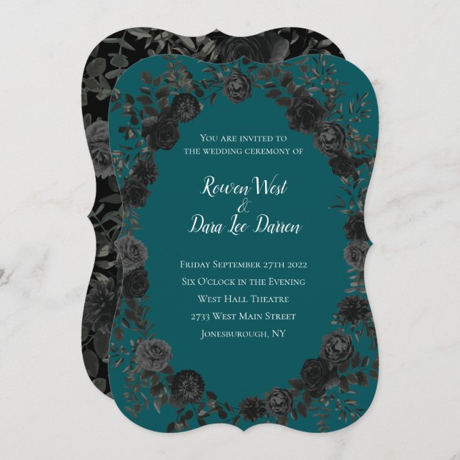 Black Teal Rose Gothic Elegant Wedding Invitation (Front/Back)