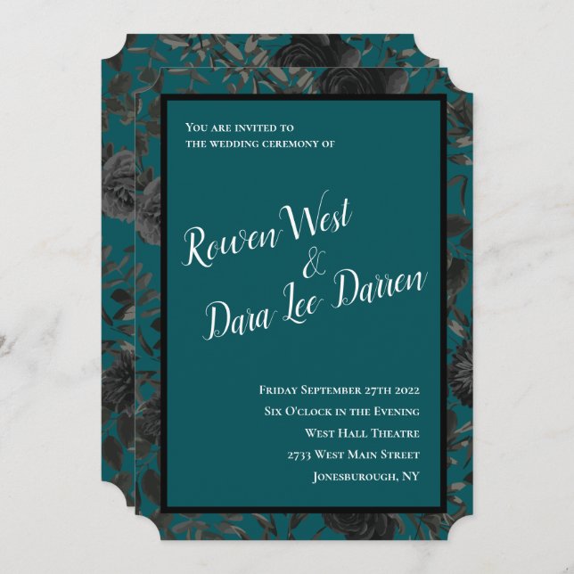 Black Teal Rose Gothic Elegant Wedding Invitation (Front/Back)