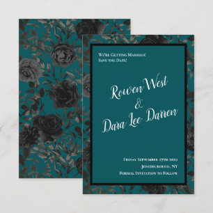 Black Teal Rose Gothic Elegant Wedding Invitation