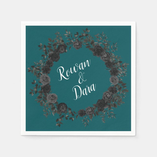 Black Teal Rose Gothic Elegant Wedding Napkin (Front)