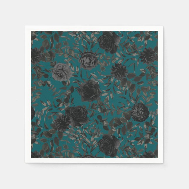 Black Teal Rose Gothic Elegant Wedding Napkin (Front)