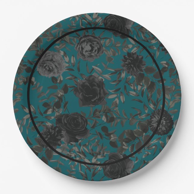 Black Teal Rose Gothic Elegant Wedding Paper Plate (Front)