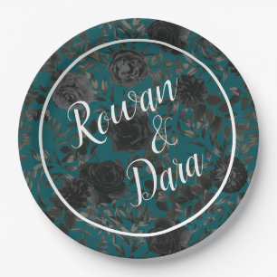 Black Teal Rose Gothic Elegant Wedding Paper Plate