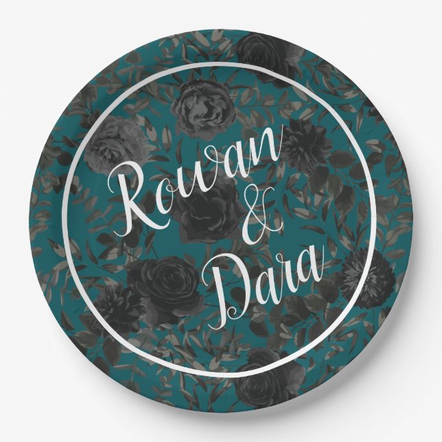 Black Teal Rose Gothic Elegant Wedding Paper Plate (Front)