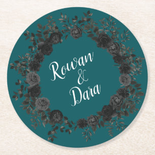 Black Teal Rose Gothic Elegant Wedding Round Paper Coaster