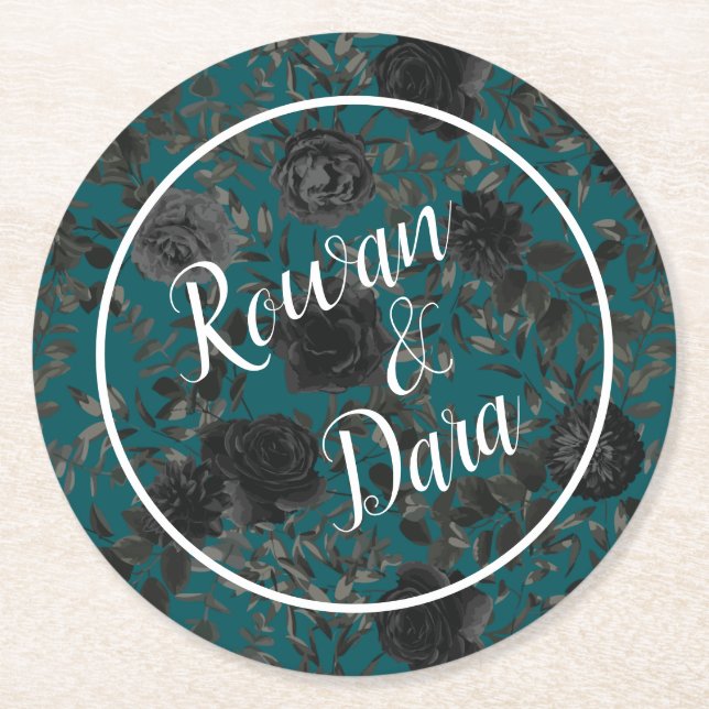 Black Teal Rose Gothic Elegant Wedding Round Paper Coaster (Front)