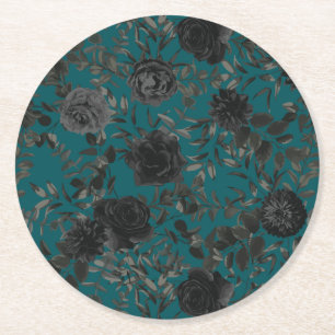 Black Teal Rose Gothic Elegant Wedding Round Paper Coaster