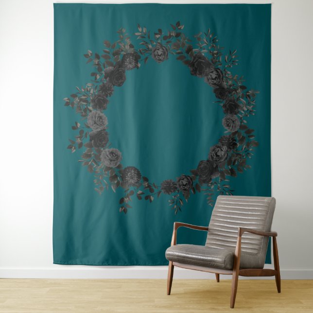 Black Teal Rose Gothic Elegant Wedding Tapestry (In Situ)