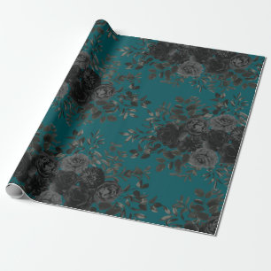 Black Teal Rose Gothic Elegant Wedding Wrapping Paper