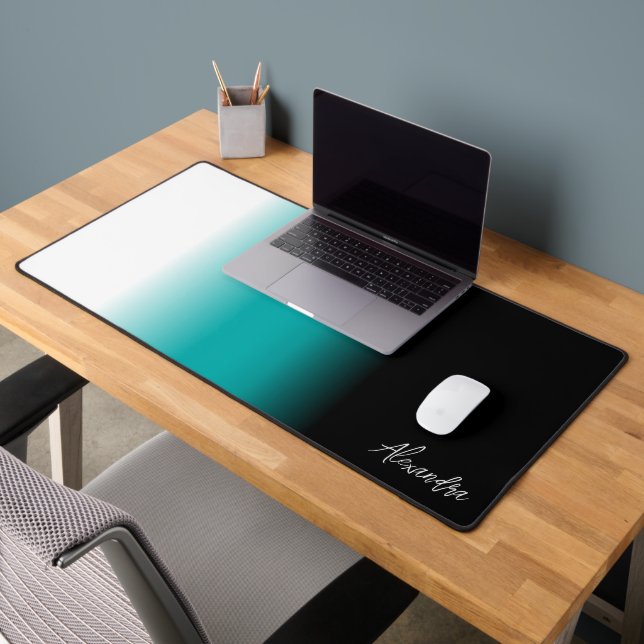 Black Teal White Ombre Custom Name Desk Mat (Office 2)