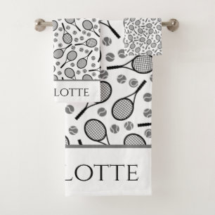 Black Tennis Rackets and Grey Balls Customisable H Bath Towel Set