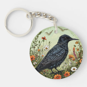 🖤 Black Tern Bird Floral Nature Design Key Ring