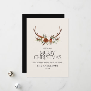 Black terracotta botanical elegant stag floral holiday card