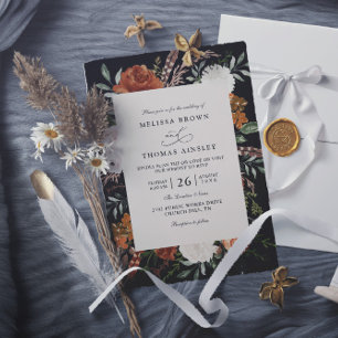 Black terracotta floral rustic qr code wedding invitation
