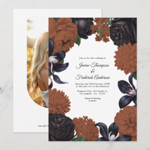 Black & Terracotta Photo/QR Code Floral Wedding Invitation