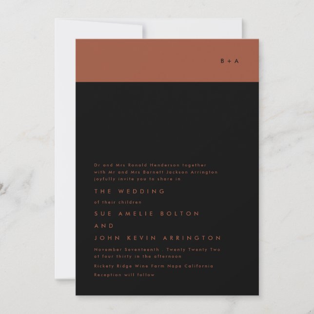 Black Terracotta Strip Monogram Wedding Invitation (Front)