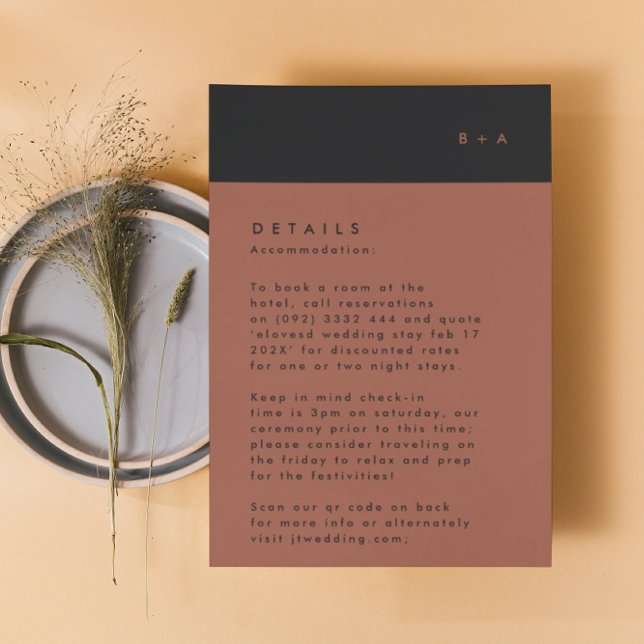 Black Terracotta Stripe Monogram Accommodation RSVP Card (Creator Uploaded)