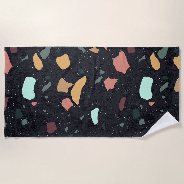 Black Terrazzo Pattern Beach Towel (Front)