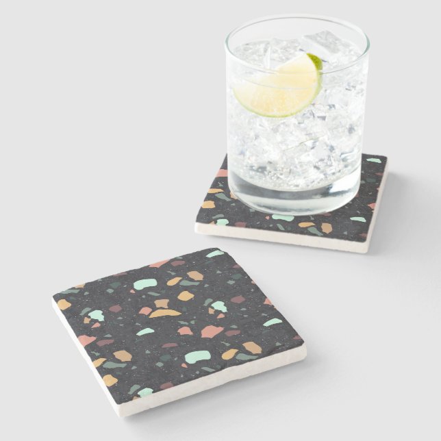 Black Terrazzo Pattern Stone Coaster (Side)