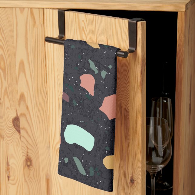 Black Terrazzo Pattern Tea Towel (Thirds Fold)