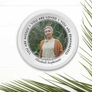 Black Text Missed Loved Remembered Photo Memorial Paper Plate