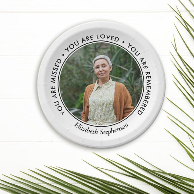 Black Text Missed Loved Remembered Photo Memorial Paper Plate (Creator Uploaded)