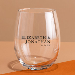 Black Text Modern Minimalist Couples Names Stemless Wine Glass