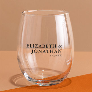 Black Text Modern Minimalist Couples Names Stemless Wine Glass