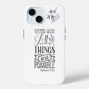 Black Text Typography, Matthew 19:26 Scripture iPhone 15 Case