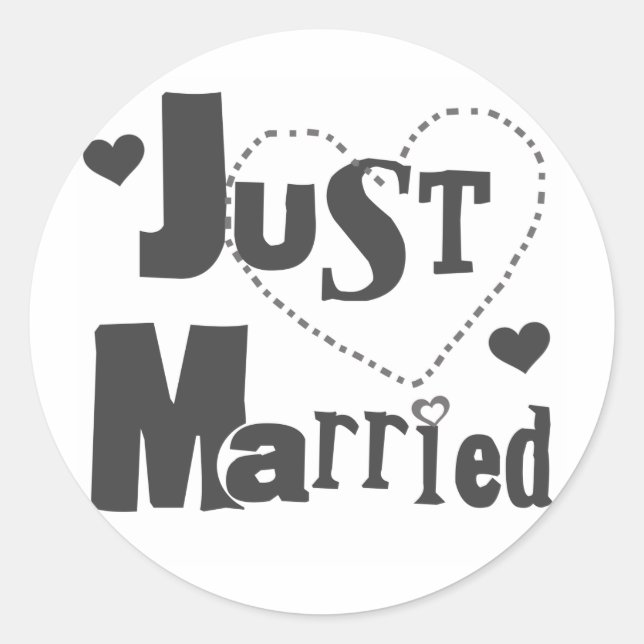 Black Text with Heart Just Married Classic Round Sticker (Front)