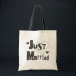 Black Text with Heart Just Married Tote Bag<br><div class="desc">Cool black text design with hearts Just Married T-shirts,  mugs,  stickers,  magnets,  buttons,  bags,  and more,  perfect for the bride and groom,  make lovely honeymoon T-shirts!</div>