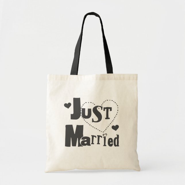 Black Text with Heart Just Married Tote Bag (Front)
