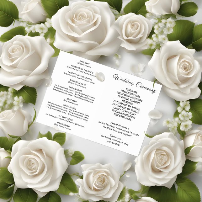  Black Texts on White Background Wedding Program Programme (Black text on white background wedding program with Rose flowers)