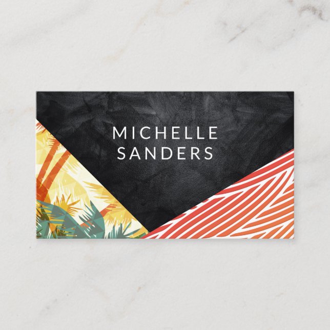 Black Texture | Boho Geometric Palm  Business Card (Front)