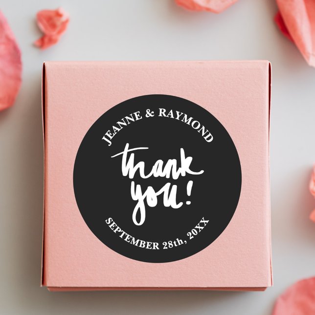 Black Thank You Chic Calligraphy Wedding Favour Classic Round Sticker (Creator Uploaded)