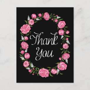 Black Thank You Pink Peony Floral Wreath Postcard