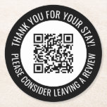 Black Thank You & Scan Me Promotional QR Code Round Paper Coaster<br><div class="desc">Promotional small business QR code coasters with a black border and your own QR code and custom text in a curve around your QR code. Thank you for your stay promo button personalised with your QR code and custom text.</div>