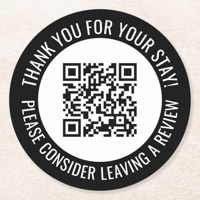 Black Thank You & Scan Me Promotional QR Code Round Paper Coaster (Front)