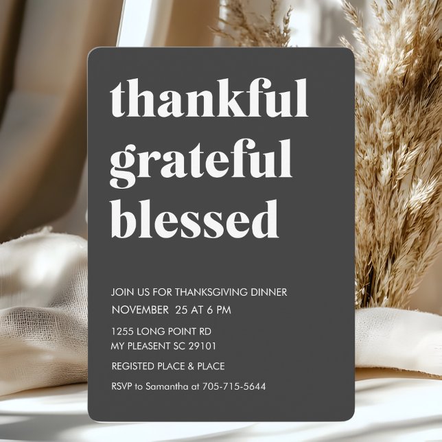 Black Thankful Grateful Blessed Dinner Invitation (Creator Uploaded)