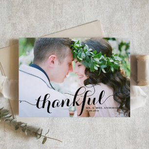 Black Thankful Modern Calligraphy Photo Wedding Thank You Card
