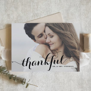 Black Thankful Modern Calligraphy Photo Wedding Thank You Card