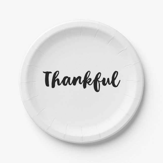 Black "Thankful" Type Thanksgiving Dinner Party Paper Plate (Front)