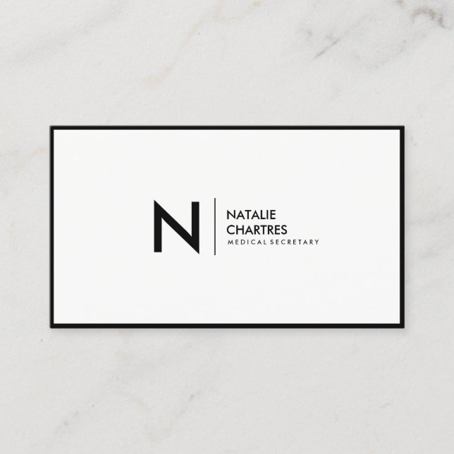 Black Thin Frame Minimalist Monogram White Business Card (Front)