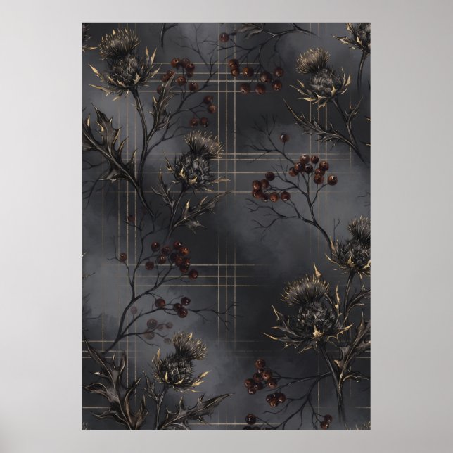 Black Thistle Rowan Gold Tartan Botanical Poster (Front)