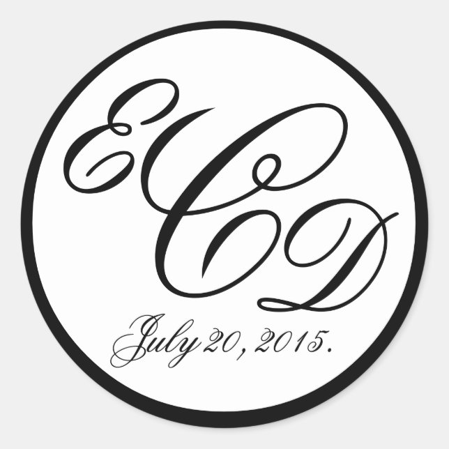 Black Three Initials Monogram Wedding Favour Classic Round Sticker (Front)