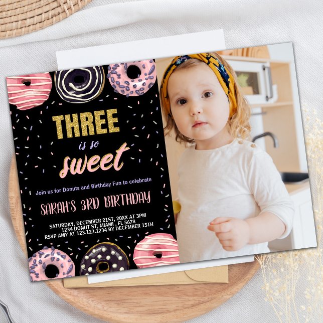 Black Three is Sweet Photo Doughnut Birthday Invitation (Black Three is Sweet Photo Donut Birthday Invitation)