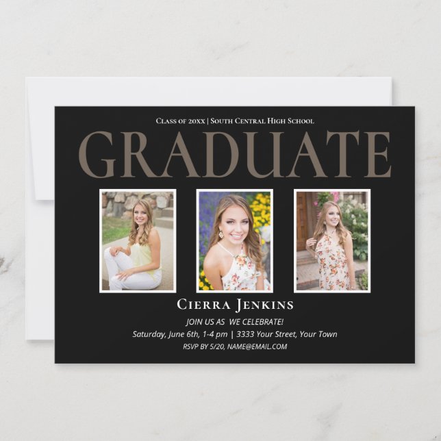 Black Three Photo Graduation Party Invitation (Front)