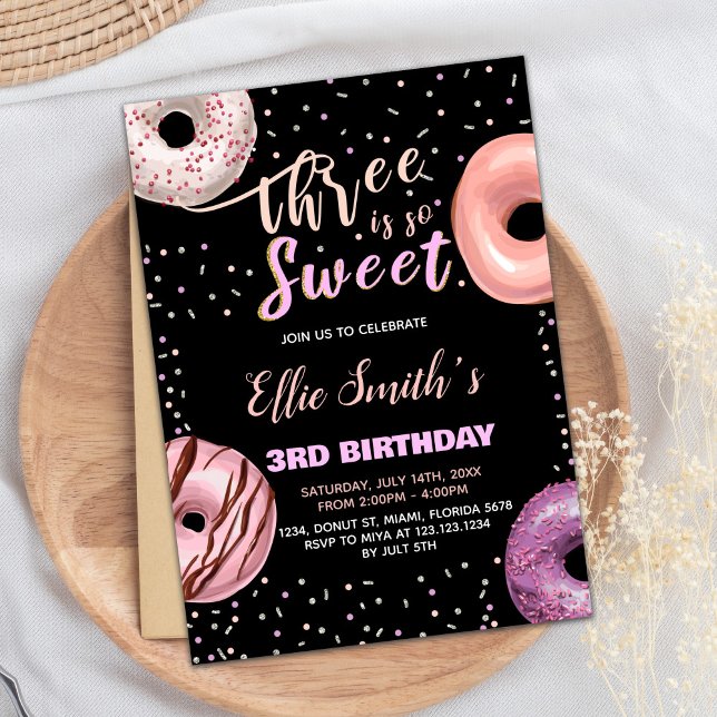 Black Three Sweet Pink Doughnut Birthday Invitatio Invitation (Black Three Sweet Pink Donut Birthday Invitations)