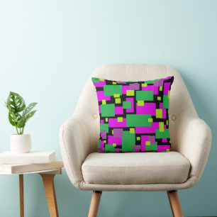 Black Throw Pillow With Purple and Green Pattern